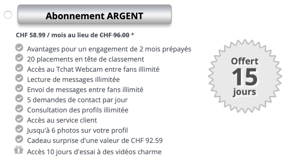 Formule d'abonnement payant (et avantages associés) argent sur Jacquie et Michel