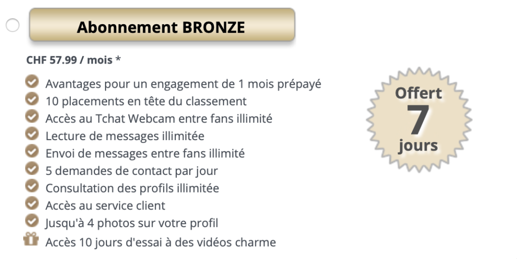 Formule d'abonnement payant (et avantages associés) bronze sur Jacquie et Michel