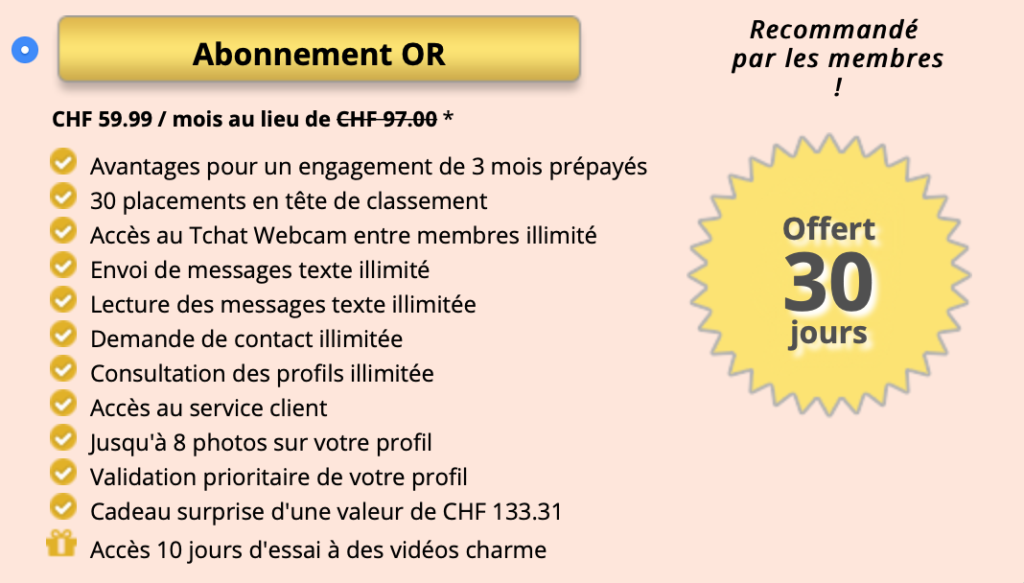 Formule d'abonnement payant (et avantages associés) or sur Jacquie et Michel