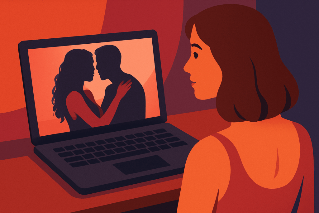 Fille qui se caresse devant une vidéo coquine. 